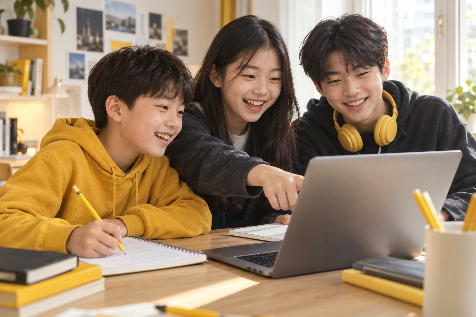 함께 노트북을 보며 즐겁게 공부하는 한국계 초·중학생을 표현한 AI 생성 이미지
